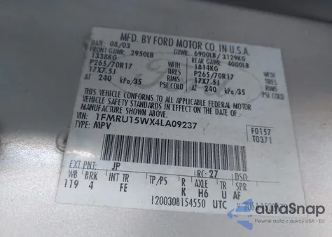 2004 Ford Expedition Xlt из США, поврежденный, VIN 1FMRU15WX4LA09237